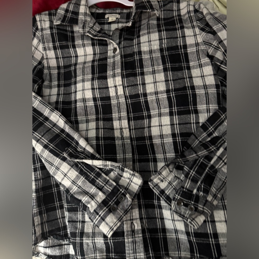 L.L. Bean Black and White plaid flannel Shirt with chest pocket